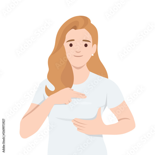 Woman Demonstrating Breast Self Examination Step, points to her chest in an educational gesture. Flat vector illustration isolated on white background