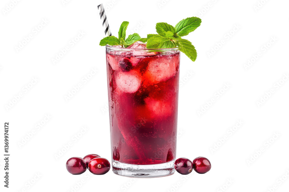 A tall glass of cranberry juice with ice mint and a straw Isolated on transparent background, PNG A tall glass of cranberry juice with ice mint and a straw Isolated on transparent background, PNG