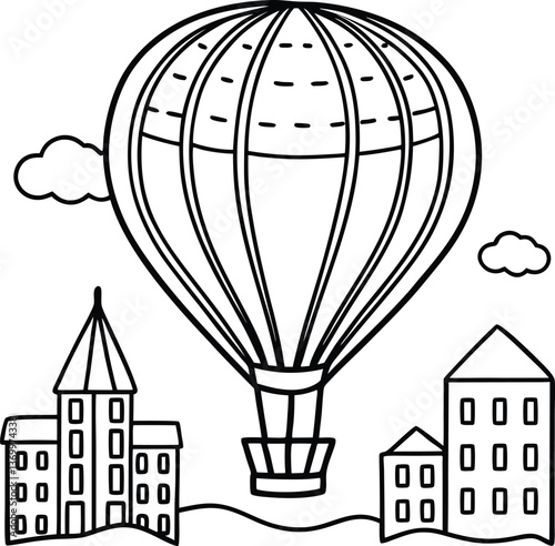 Hot air balloon flying in the sky with colorful balloons, clouds, and a vintage design for a fun travel adventure
