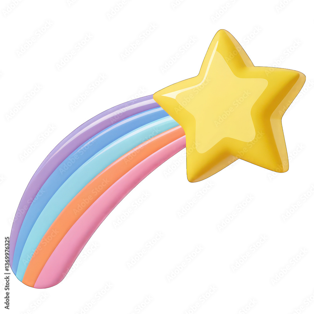 Obraz premium Cartoon shooting star, colorful rainbow trail, yellow star, pastel colors, isolated on transparent background 