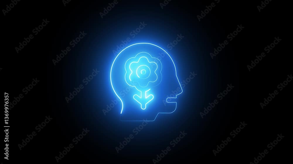 Glowing Neon Brain Outline in Human Head Silhouette, Futuristic AI Concept, Mental Health, Cognitive Technolog Glowing Neon Brain Outline in Human Head Silhouette, Futuristic AI Concept, Mental Health, Cognitive Technolog