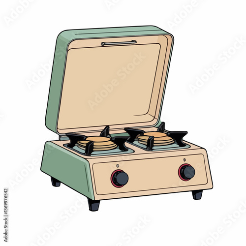 Vintage two burner gas stove, beige color, transparent background