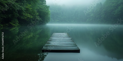 Serene Wooden Dock on Misty Green Lake: A Tranquil Landscape