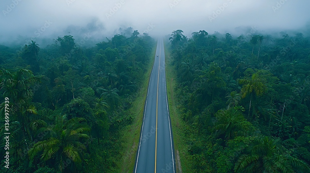 Obraz premium Aerial drone view of a straight road cutting through the heart of a lush dense jungle