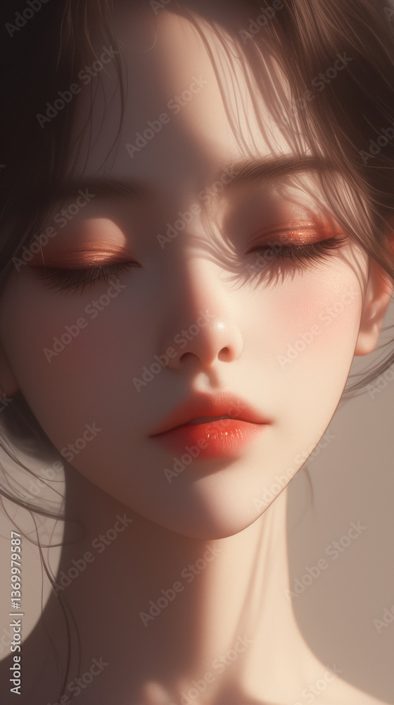 A digital artwork of a person with closed eyes and soft lighting A digital artwork of a person with closed eyes and soft lighting