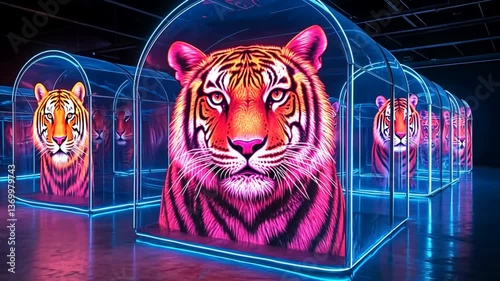 Tigers in glowing translucent pods, futuristic exhibit