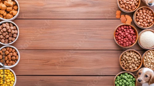 Fototapeta Variety of Pet Food in Bowls Arranged on Wooden Table Surface
