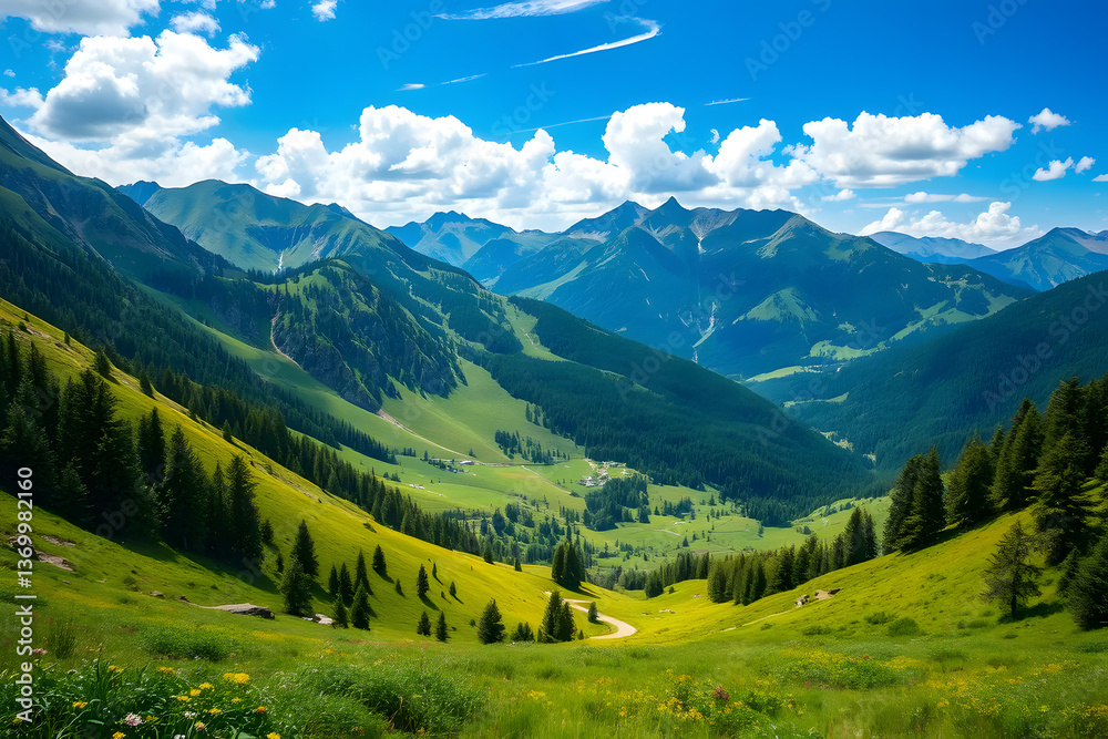Obraz premium A picturesque mountain valley with lush green meadows, towering peaks, and a clear blue sky with fluffy clouds. A small village is nestled in the valley, surrounded by dense forests.