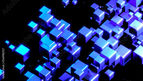 Abstract technology background with 3D cubes in space, purple blue neon glowi...