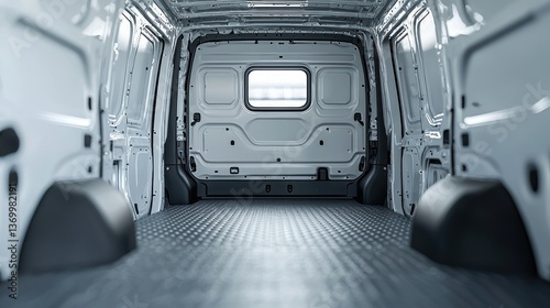 Empty van cargo space, ready for loading.  Interior view of a clean, modern delivery van.  Spacious and well-lit cargo area, perfect for shipping and transporting goods