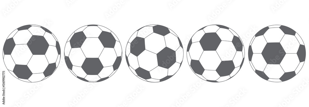 Black soccer ball from different angles. Flat sports sign of football ball.