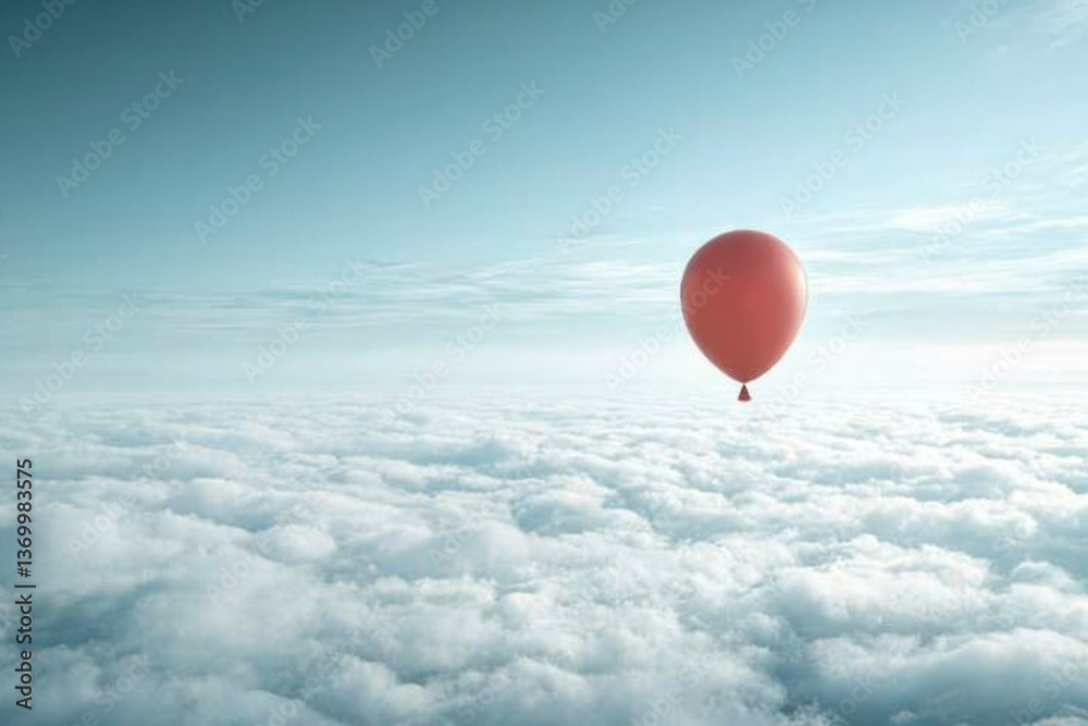 Fototapeta premium Red Balloon Ascends Above Fluffy White Clouds