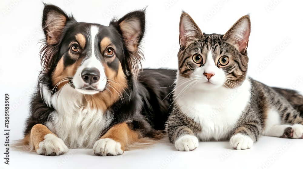 Fototapeta premium Adorable Dog and Cat Together on White Background Looking Curious