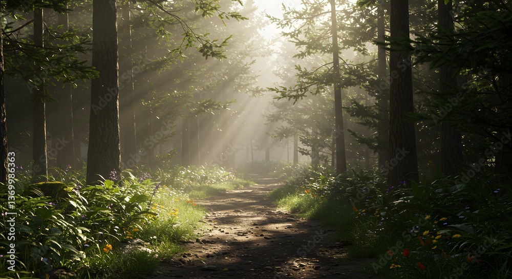 Obraz premium Walking Path Through Sunlight Forest with Wildflowers and Nature Scenery