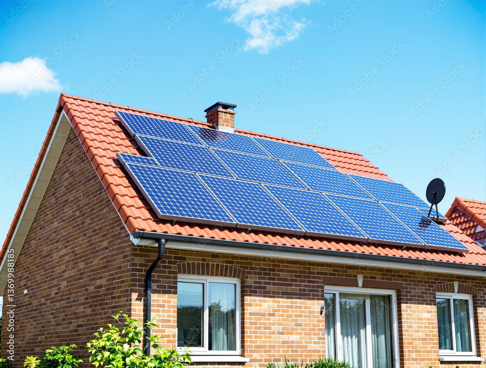 Fototapeta premium Solar panels on red-tiled roof of brick house, realistic style, clear blue sky background. Concept of sustainable energy and modern home architecture. Ai generative