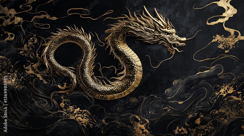 Obraz premium Golden Dragon On Black Background. Mystical Creature Concept. Oriental Style Decoration, Wealth And Power.