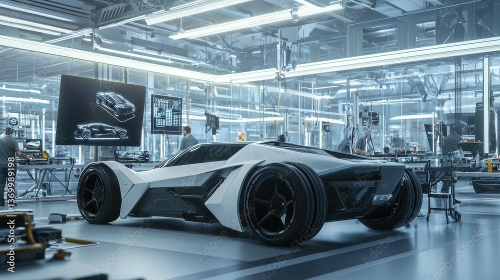 Obraz premium A futuristic car design studio with engineers inspecting and assembling auto components.