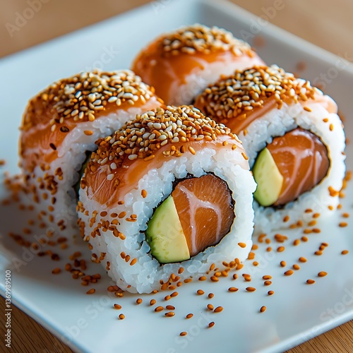 Salmon sushi rolls with sesame, and wood.