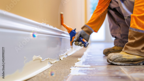worker applying sealant to baseboard
