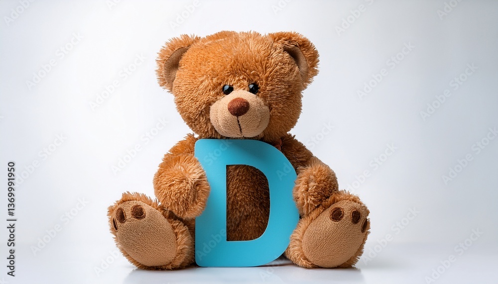 Obraz premium Cute brown teddy bear with letter D. Baby name reveal after child birth. Stuffed animal isolated on white background
