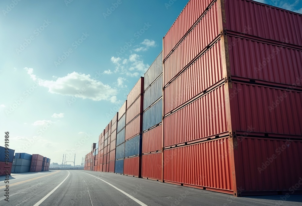 Fototapeta premium Experience the grandeur of international shipping and trade with this captivating photograph, showcasing the uniformity and precision of stacked container boxes against the vastness of the sky, evokin
