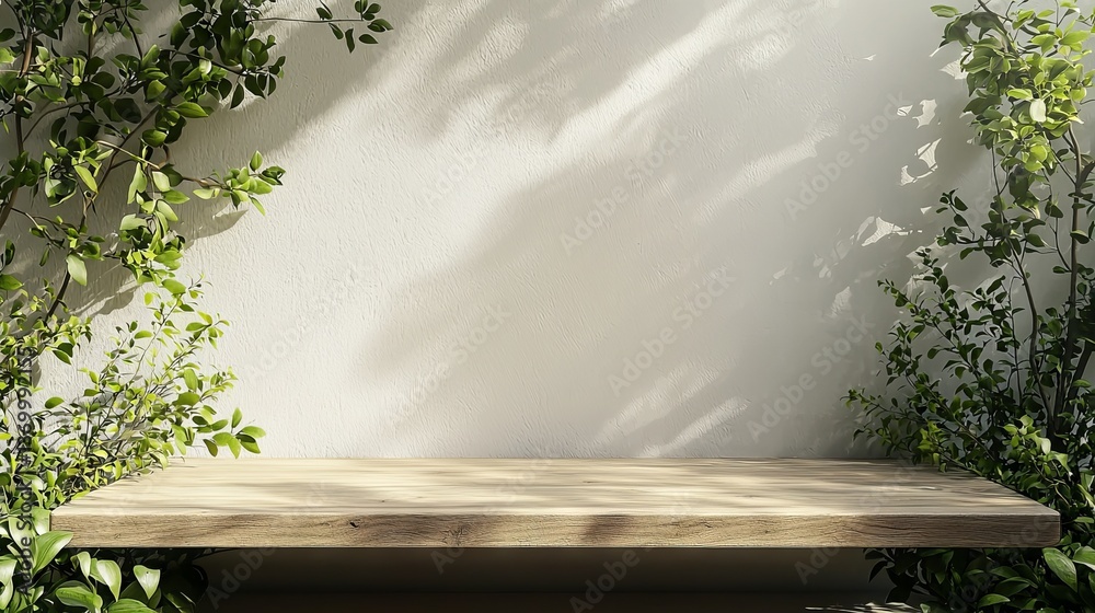 Fototapeta premium Fresh Natural Greenery Surrounding Empty Wooden Shelf Space