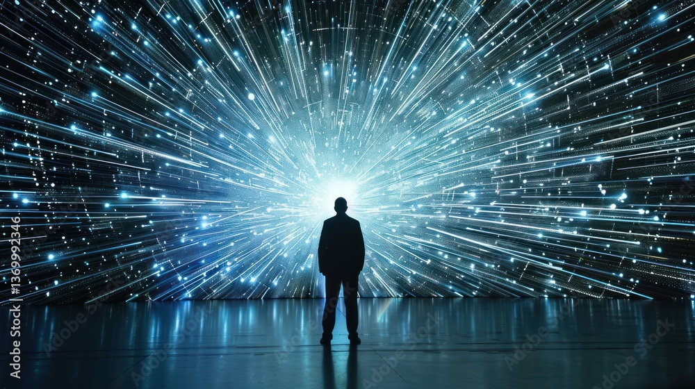 Man Contemplating Digital Explosion; Inner Light; Event; Futuristic Vision Man Contemplating Digital Explosion; Inner Light; Event; Futuristic Vision