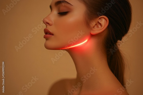 Laser mole removal. Young woman with ray pointed at her skin on neck during procedure, posing on beige background