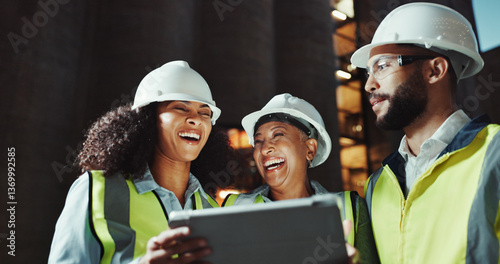 Night, engineering and people with tablet, laughing and conversation with digital app for checklist. Group, teamwork and employees with tech, evening and online planning for construction and joke