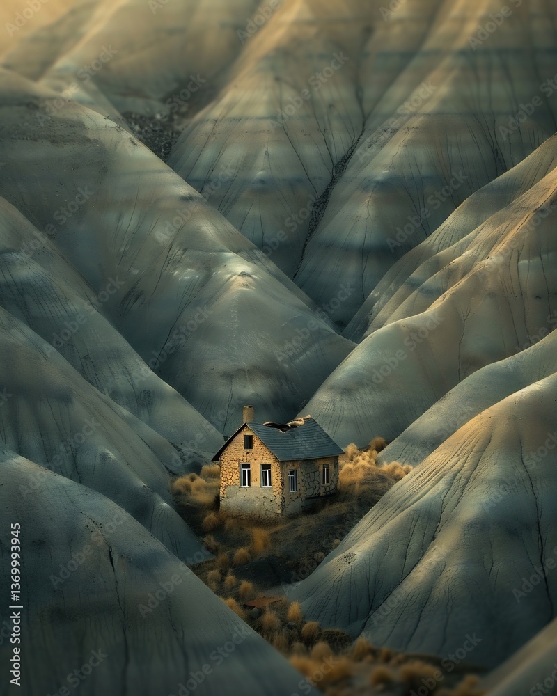 Obraz premium Solitary home cracked wall sits middle of breathtaking barren valley enclosed massive eroded cliff terrain's organic pattern deep shadow enhance sense of scale while golden hour lighting creates