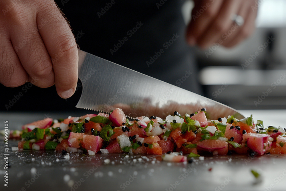 Close-up of a chef slicing vibrant dragon fruit on a wooden cutting board in a modern kitchen setting Close-up of a chef slicing vibrant dragon fruit on a wooden cutting board in a modern kitchen setting