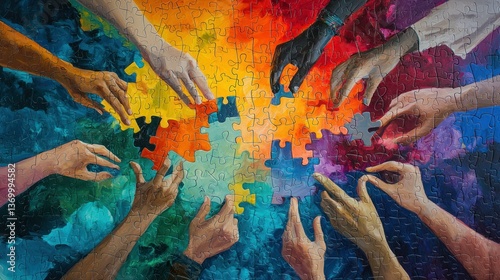 Fototapeta Naklejka Na Ścianę i Meble -  A colorful puzzle with diverse hands placing pieces, symbolizing inclusivity and teamwork.