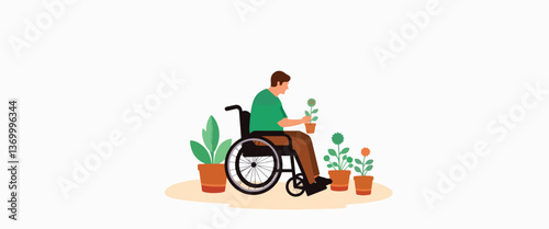 Man gardening in wheelchair, nurturing plants, inner fulfillment