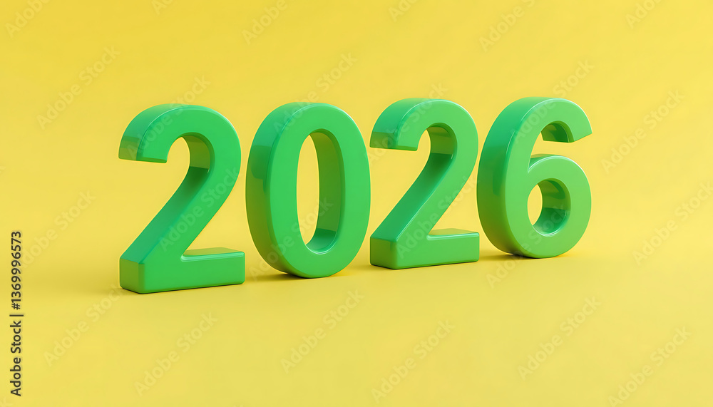 Happy New Year 2026 green numbers on yellow background. celebration design featuring. numbers 2026. green 3d 2026 text. Idea for New Year's greetings, festive, seasonal celebration Happy New Year 2026 green numbers on yellow background. celebration design featuring. numbers 2026. green 3d 2026 text. Idea for New Year's greetings, festive, seasonal celebration