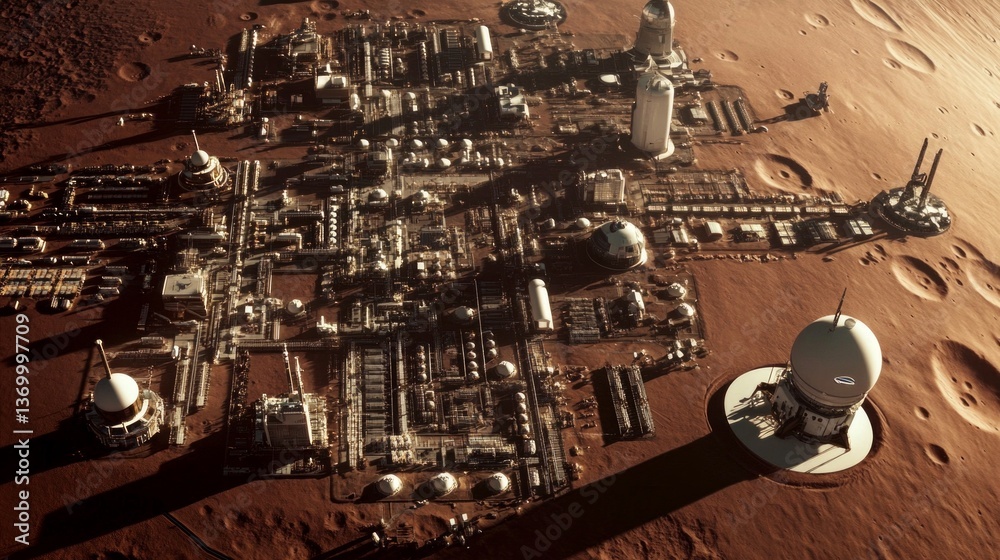 Mars colony development futuristic technology mars 3d rendering red planet environment aerial view space exploration concept Mars colony development futuristic technology mars 3d rendering red planet environment aerial view space exploration concept