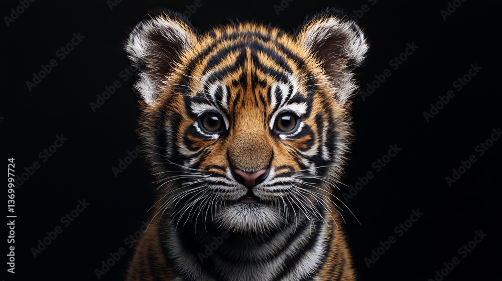 Fototapeta premium Majestic Close-Up of a Young Tiger on a Solid Black Background