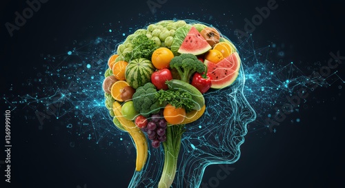 A digital AI network intertwined with fruits and vegetables, symbolizing the connection between technology and health