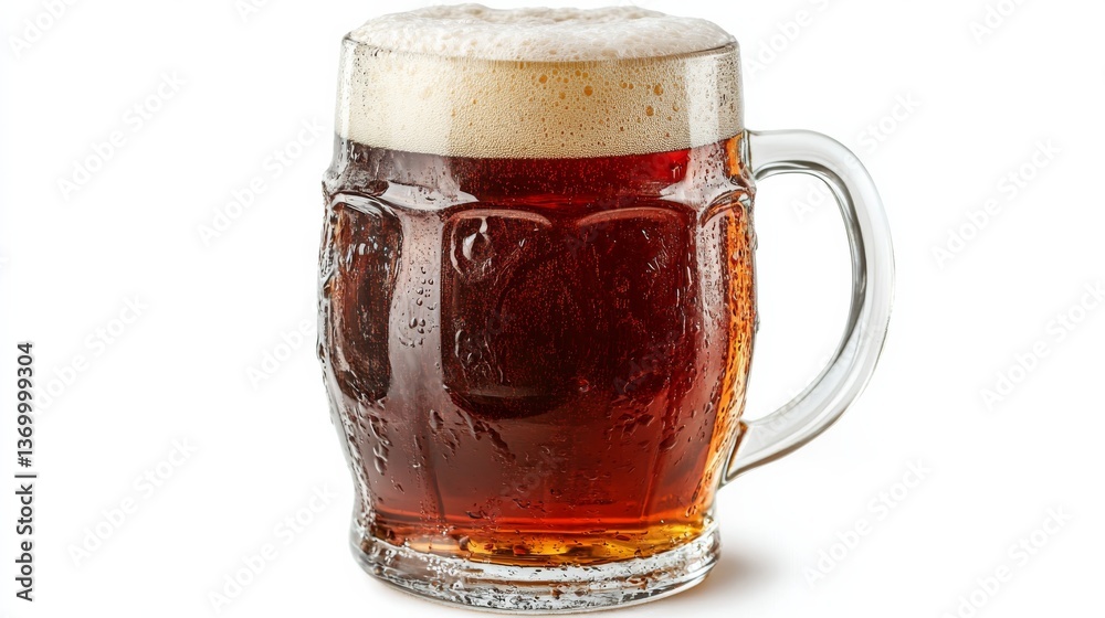 Craft beer served in a cold glass mug with foam at a rustic bar during an evening gathering Craft beer served in a cold glass mug with foam at a rustic bar during an evening gathering