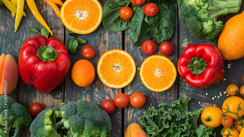 A Colorful Display of Zeaxanthin Rich Fruits and Vegetables on a Rustic Wooden Surface