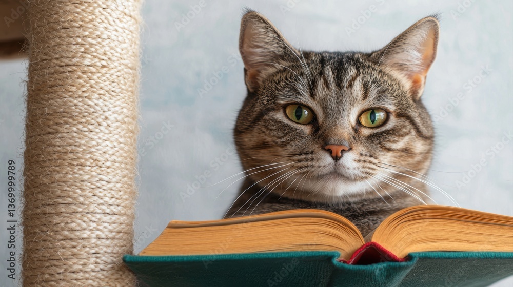 A curious cat sits atop a book, gazing intently, with a textured scratching post in the background, capturing a cozy moment of feline curiosity. A curious cat sits atop a book, gazing intently, with a textured scratching post in the background, capturing a cozy moment of feline curiosity.