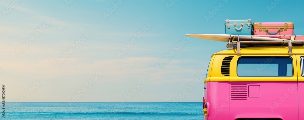 Colorful vintage van with surfboard at the beach during sunset