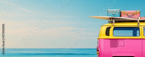 Obraz na płótnie Colorful vintage van with surfboard at the beach during sunset w salonie