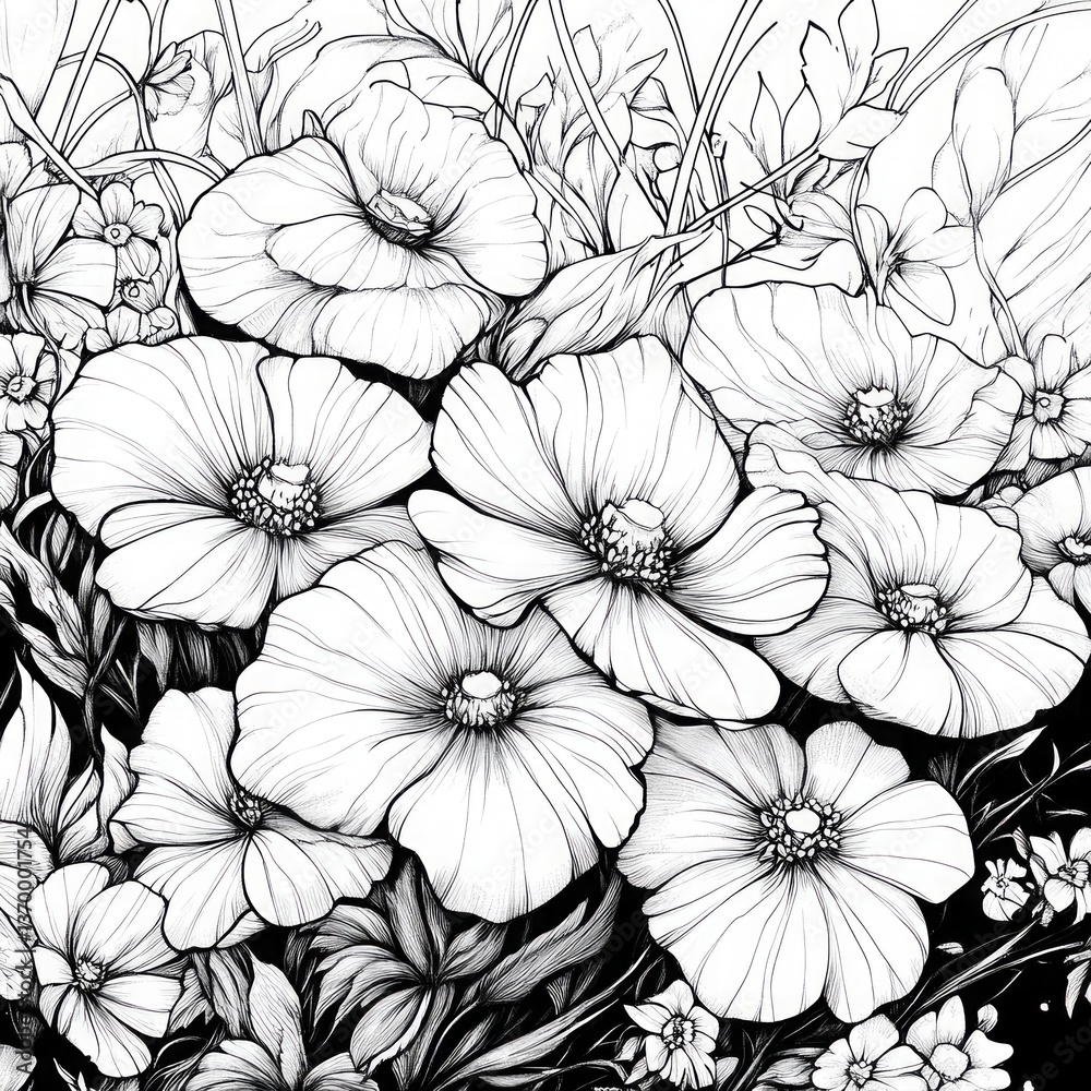 Fototapeta Black and white line drawing of blooming wildflowers with soft petals and rich foliage, created as a detailed botanical coloring book illustration.