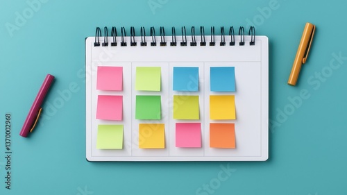 A colorful notepad with sticky notes arranged neatly, accompanied by pens, on a vibrant teal background.