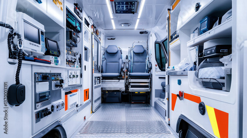 modern ambulance interior showcasing advanced medical equipment and technology, designed for emergency medical services. spacious layout emphasizes functionality and readiness for patient care