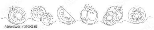 Tomato continuous one line drawing set isolated on a white background. Horizontal banner. Outline tomato vegetable collections. Editable stroke. Vector illustration