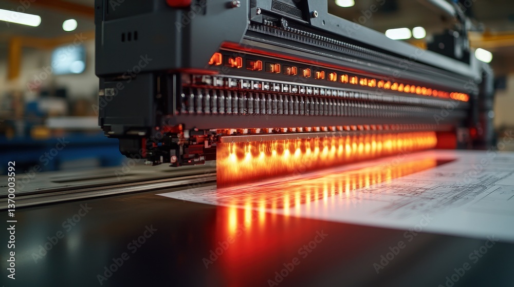 High-Tech Printing Machine with Bright Lights in Modern Workshop High-Tech Printing Machine with Bright Lights in Modern Workshop