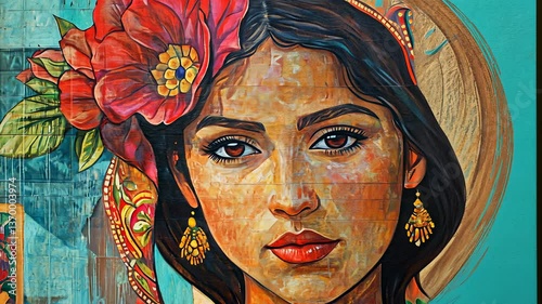 Colorful mural showcasing a woman with floral details in an urban setting during daylight