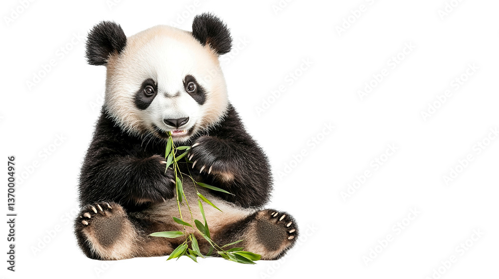 Fototapeta premium Cute giant panda eating bamboo in a natural habitat wildlife photography calm environment close-up view