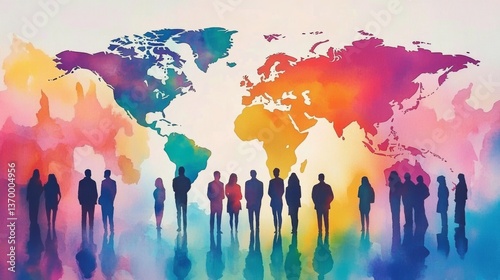Global Community Silhouette Figures with Watercolor World Map, Connection, Diversity